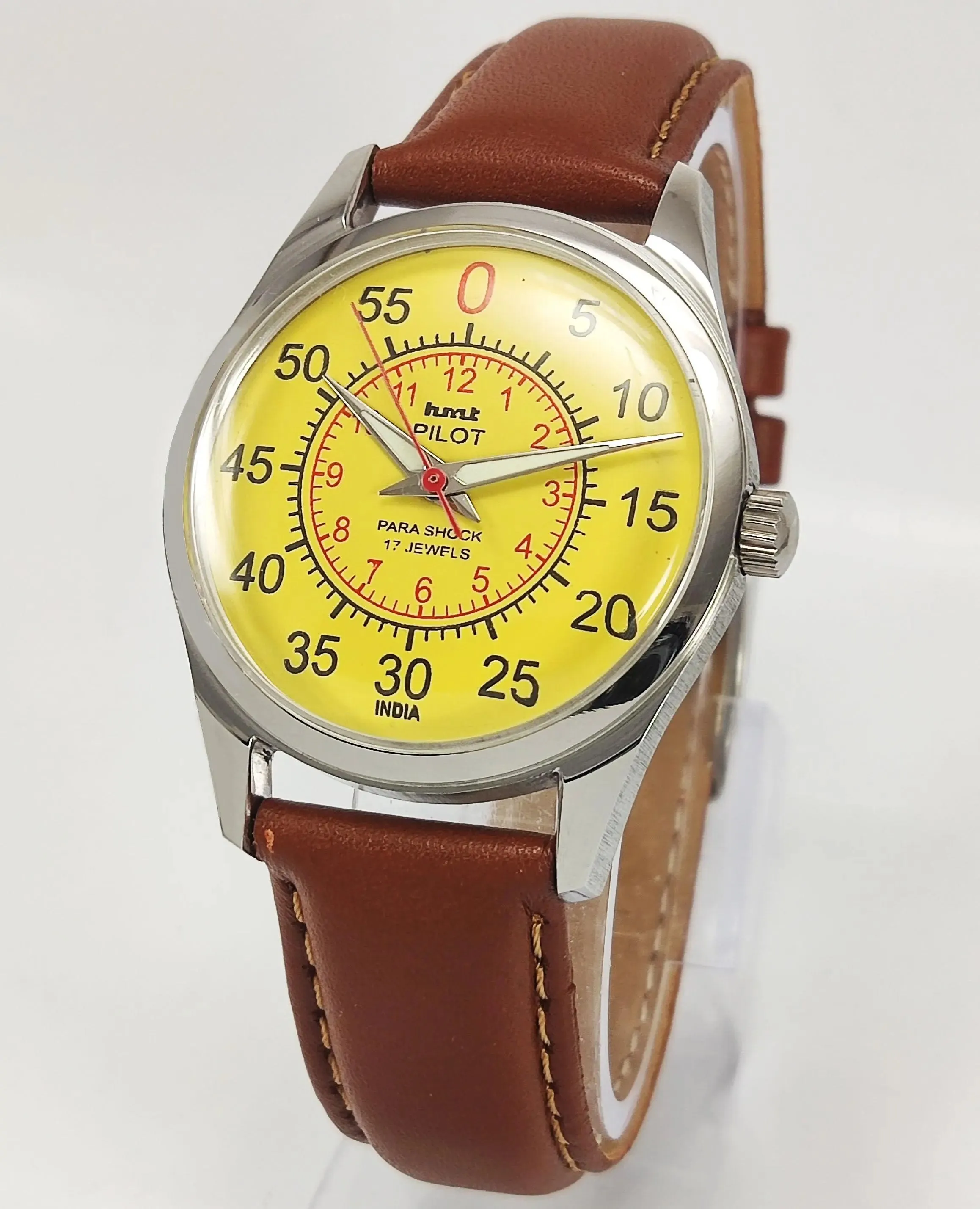 HMT Pilot Para Shock 17 Jewels Radium Hands Yellow Dial Transparent Back Mechanical Hand winding Men's Wrist Watch