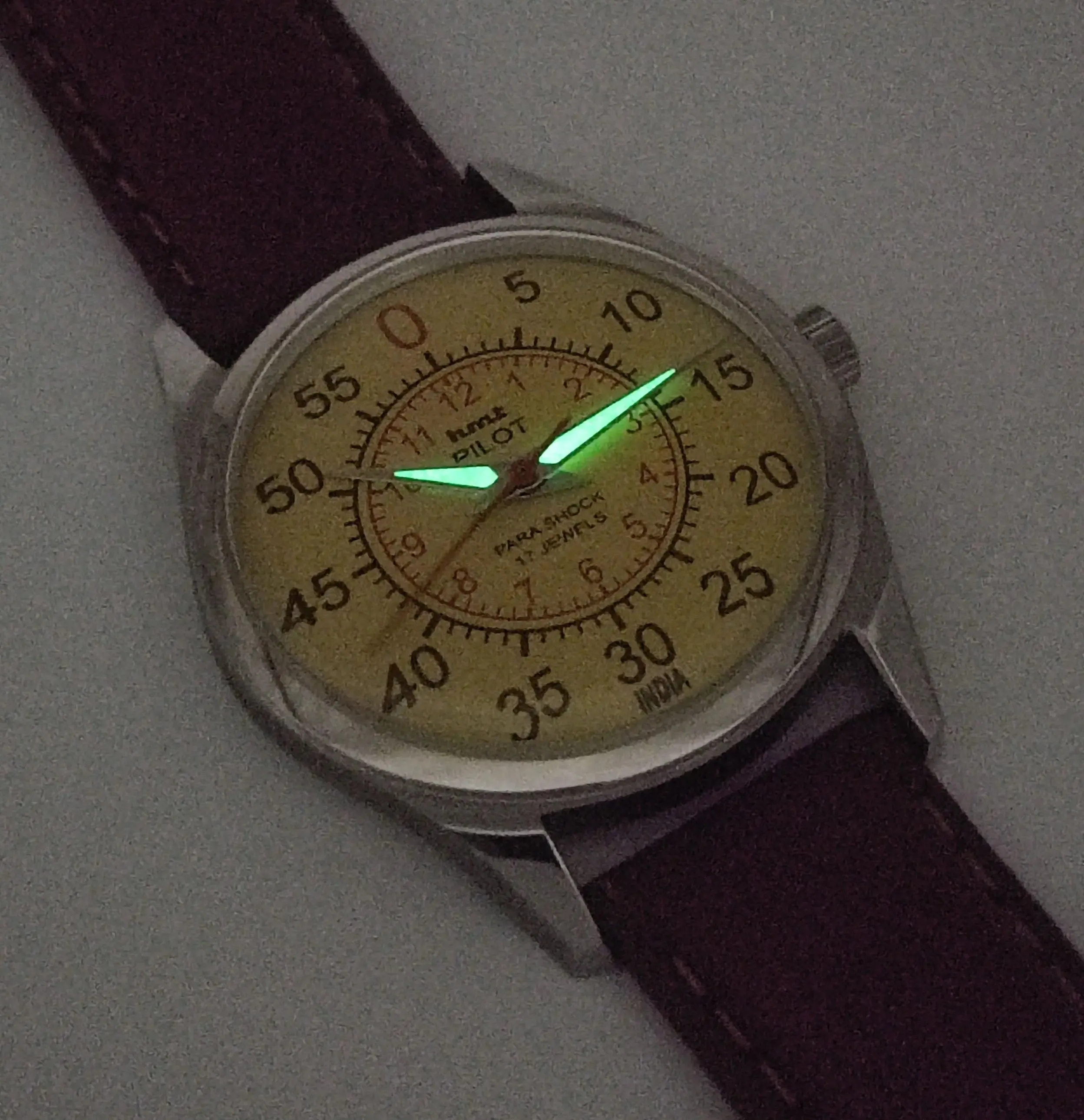 HMT Pilot Para Shock 17 Jewels Radium Hands Yellow Dial Transparent Back Mechanical Hand winding Men's Wrist Watch