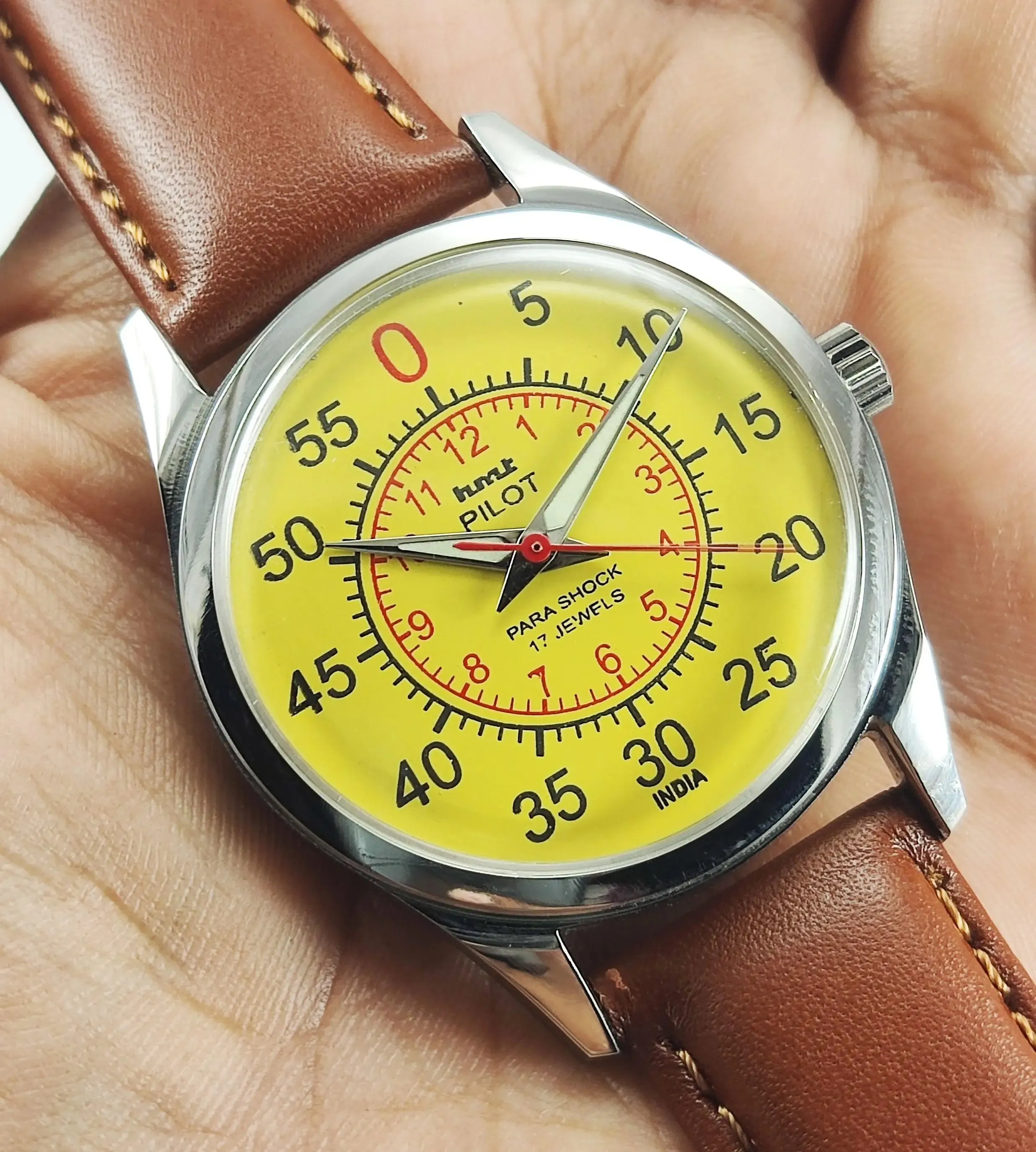 HMT Pilot Para Shock 17 Jewels Radium Hands Yellow Dial Transparent Back Mechanical Hand winding Men's Wrist Watch