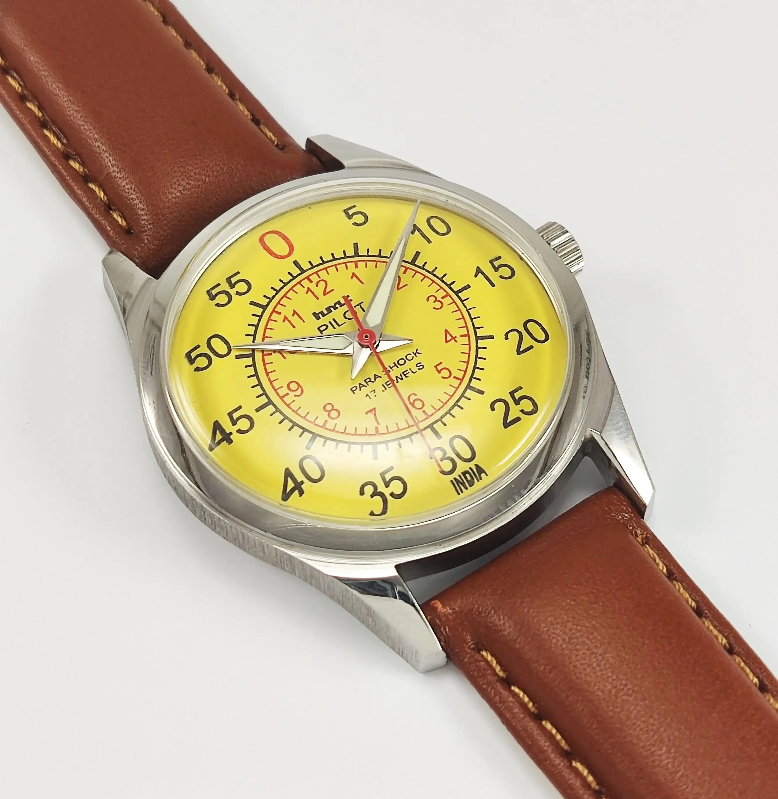 HMT Pilot Para Shock 17 Jewels Radium Hands Yellow Dial Transparent Back Mechanical Hand winding Men's Wrist Watch