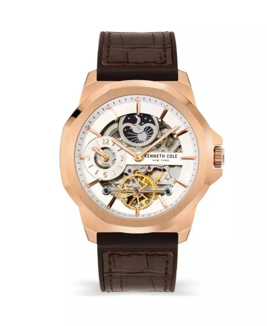 Kenneth Cole Gents Automatic Rose Gold, Brown Leather Strap