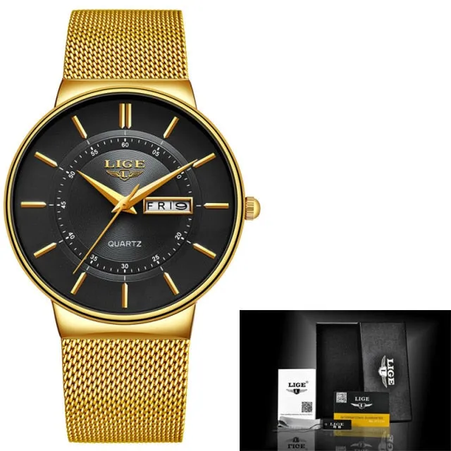 LIGE Women's Luxury Brand Ultra-thin Calendar Week Quartz Watches