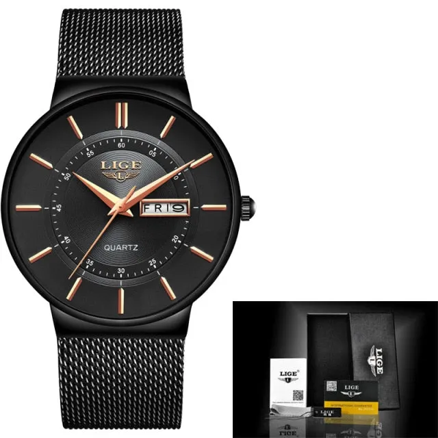 LIGE Women's Luxury Brand Ultra-thin Calendar Week Quartz Watches