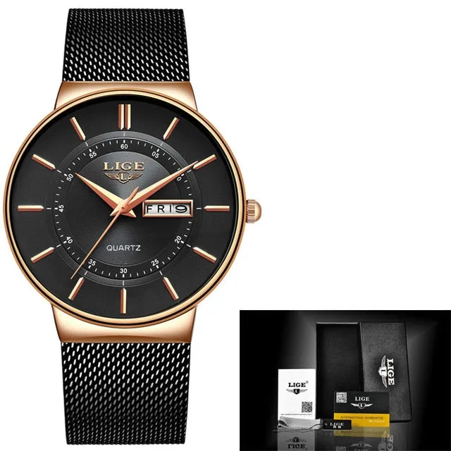 LIGE Women's Luxury Brand Ultra-thin Calendar Week Quartz Watches