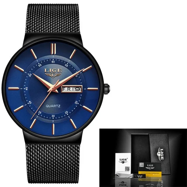 LIGE Women's Luxury Brand Ultra-thin Calendar Week Quartz Watches