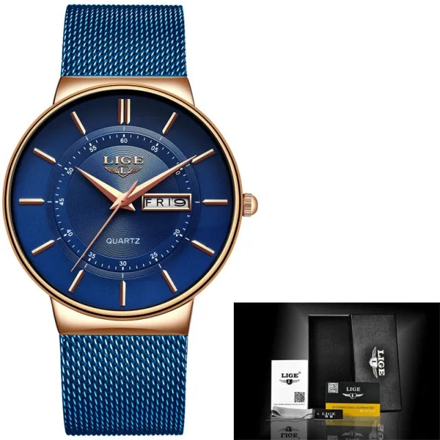 LIGE Women's Luxury Brand Ultra-thin Calendar Week Quartz Watches