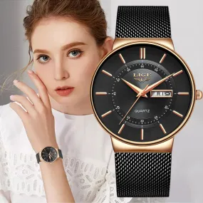 LIGE Women's Luxury Brand Ultra-thin Calendar Week Quartz Watches