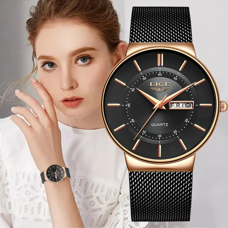 LIGE Women's Luxury Brand Ultra-thin Calendar Week Quartz Watches