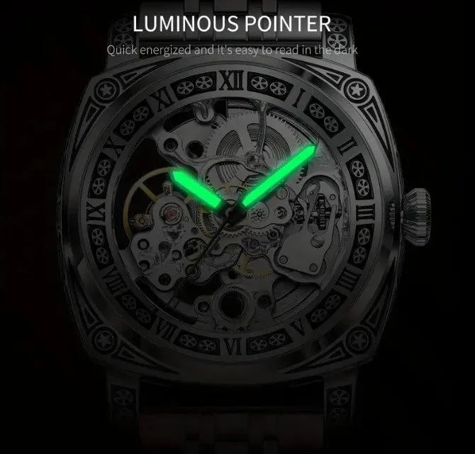 Men's Silver Steel Strap Automatic Winding Mechanical Watch Waterproof