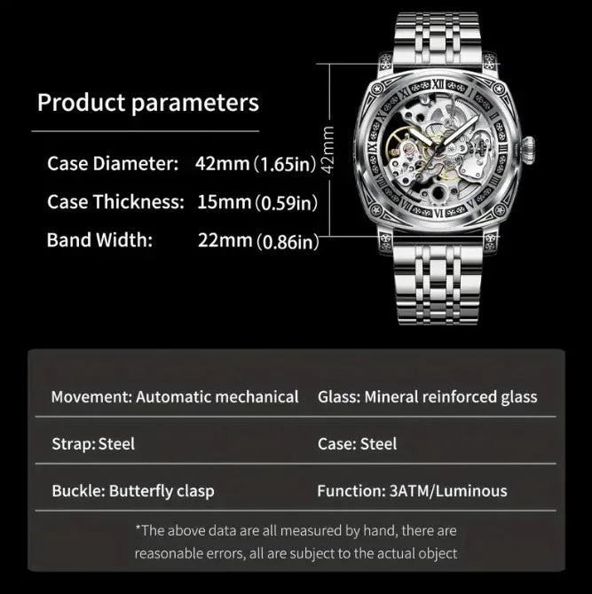Men's Silver Steel Strap Automatic Winding Mechanical Watch Waterproof