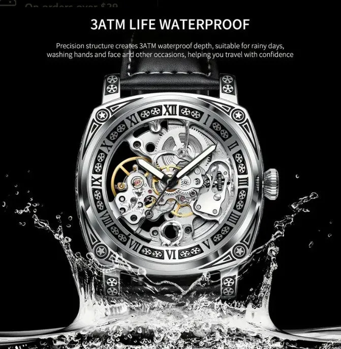 Men's Silver Steel Strap Automatic Winding Mechanical Watch Waterproof