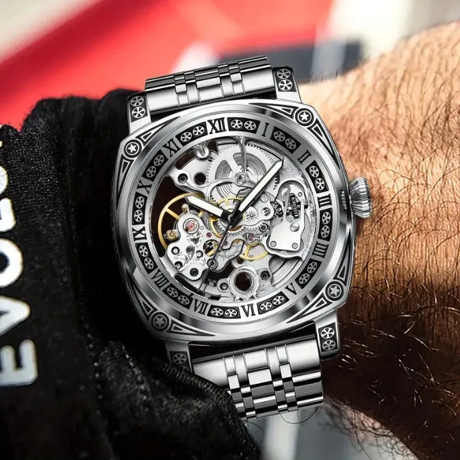 Men's Silver Steel Strap Automatic Winding Mechanical Watch Waterproof
