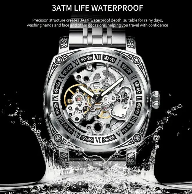 Men's Silver Steel Strap Automatic Winding Mechanical Watch Waterproof