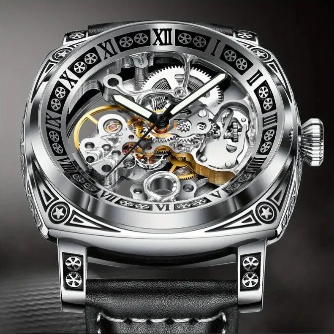 Men's Silver Steel Strap Automatic Winding Mechanical Watch Waterproof