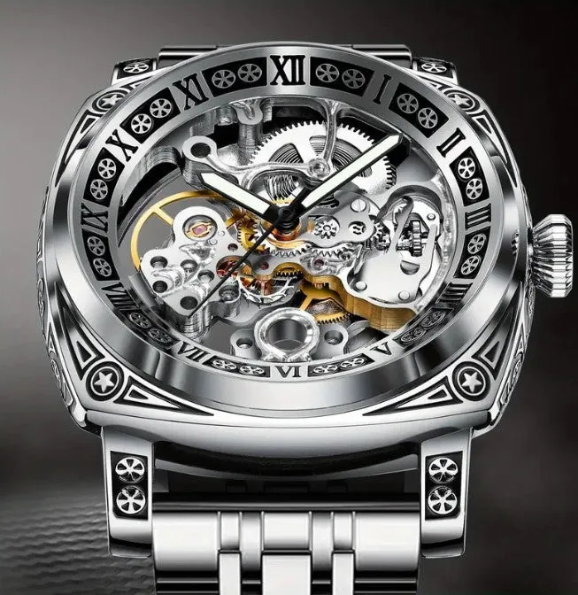 Men's Silver Steel Strap Automatic Winding Mechanical Watch Waterproof