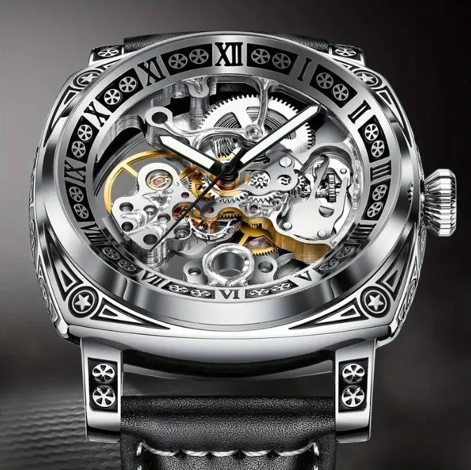 Men's Silver Steel Strap Automatic Winding Mechanical Watch Waterproof