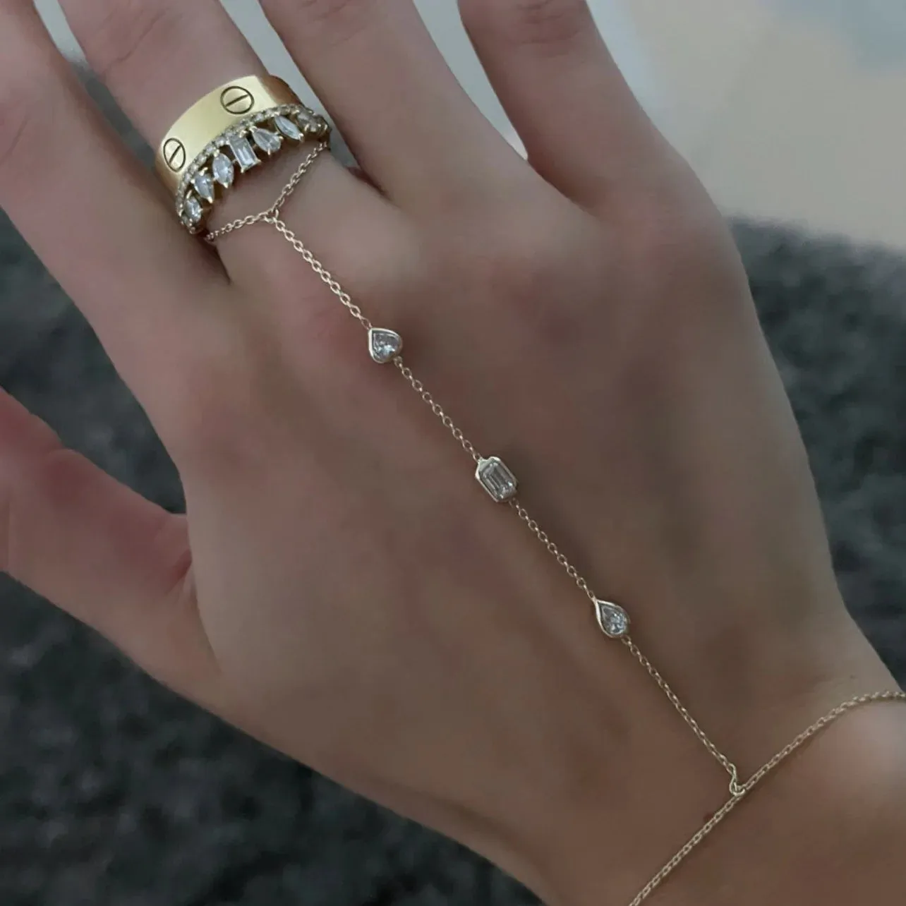 Multiple Fancy Shape Bezels Hand Chain Bracelet