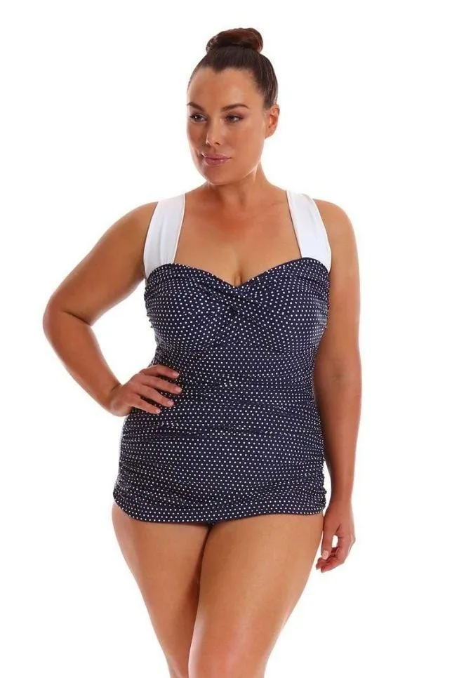 Navy & White Dots Vintage Skirted One Piece Swimsuit