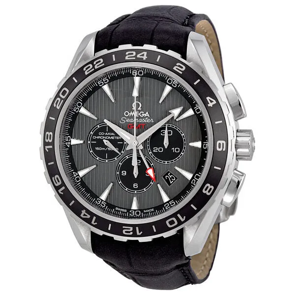 Omega Seamaster Teak Grey Dial GMT Chronograph Black Leather Men's Watch 231.13.44.52.06.001