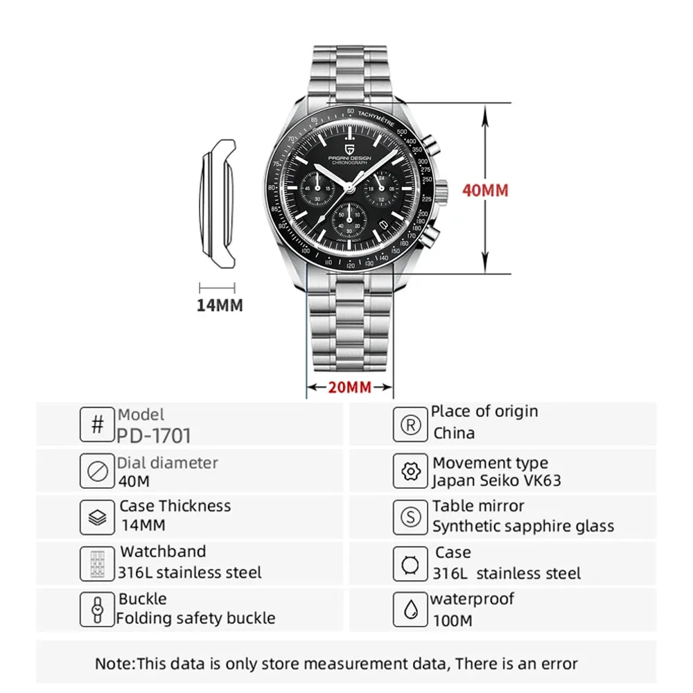 PAGANI DESIGN Mens Watches Top Brand Luxury Automatic Quartz Chronograph Waterproof Sport Stainless Steel Watch