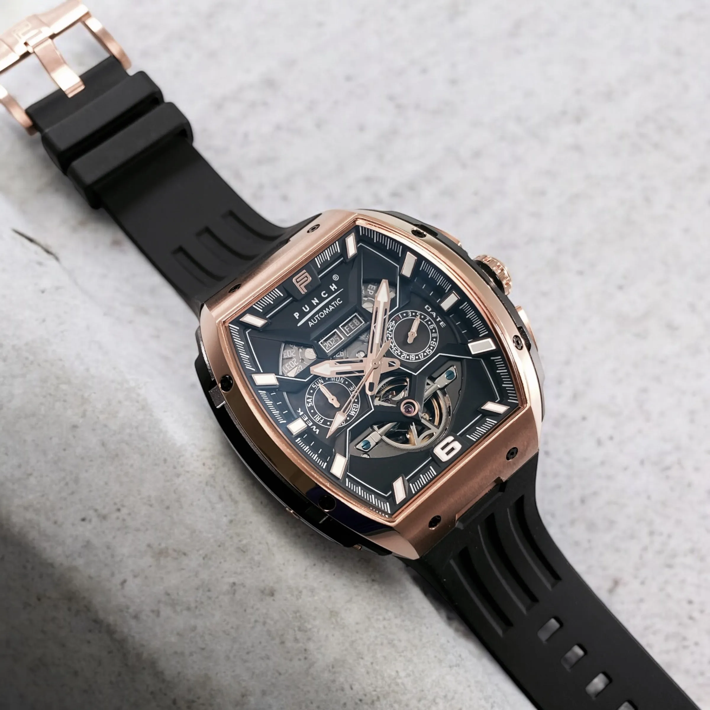 PUNCH Rose Gold & Black Square Automatic Men's Watch - Black Silicone Strap