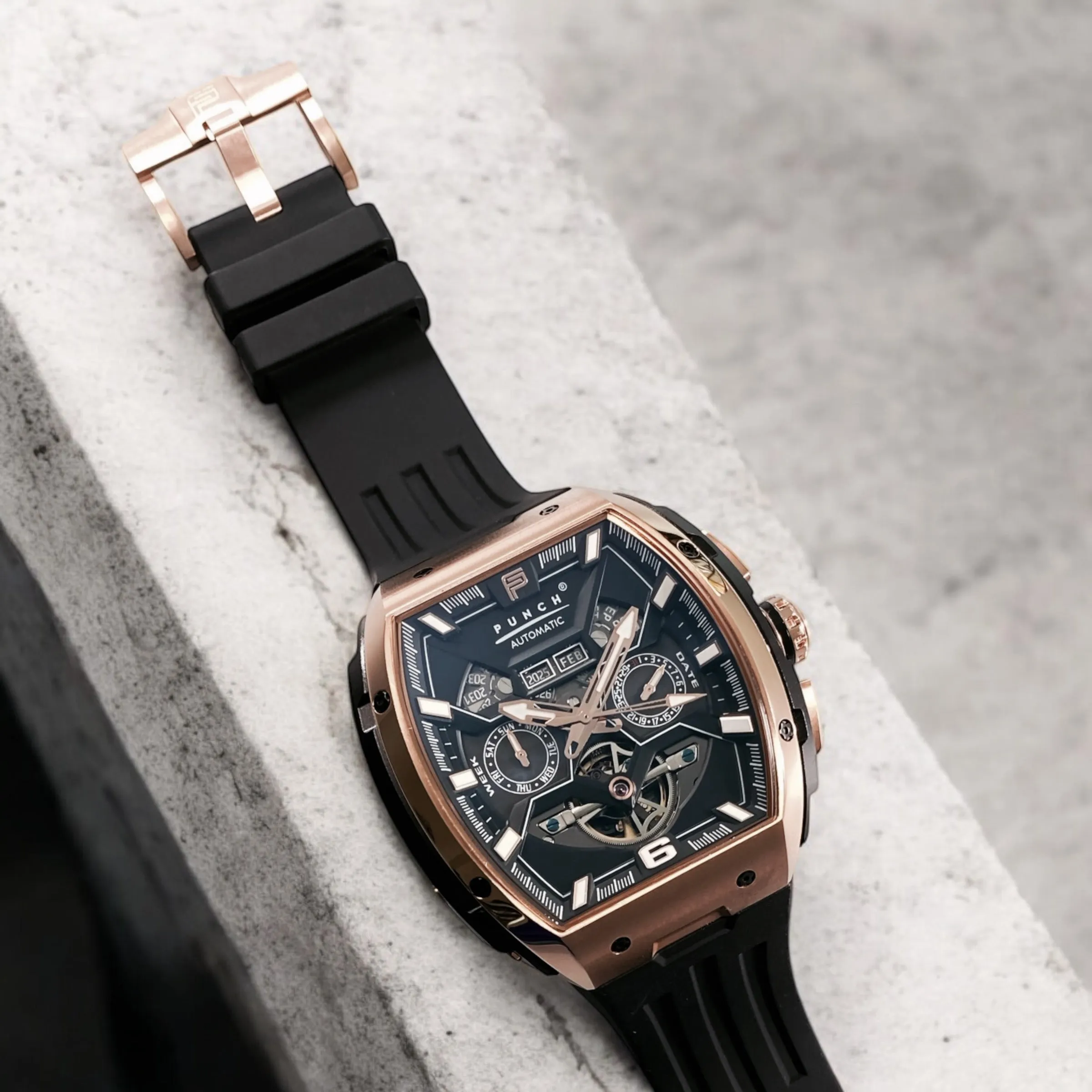 PUNCH Rose Gold & Black Square Automatic Men's Watch - Black Silicone Strap
