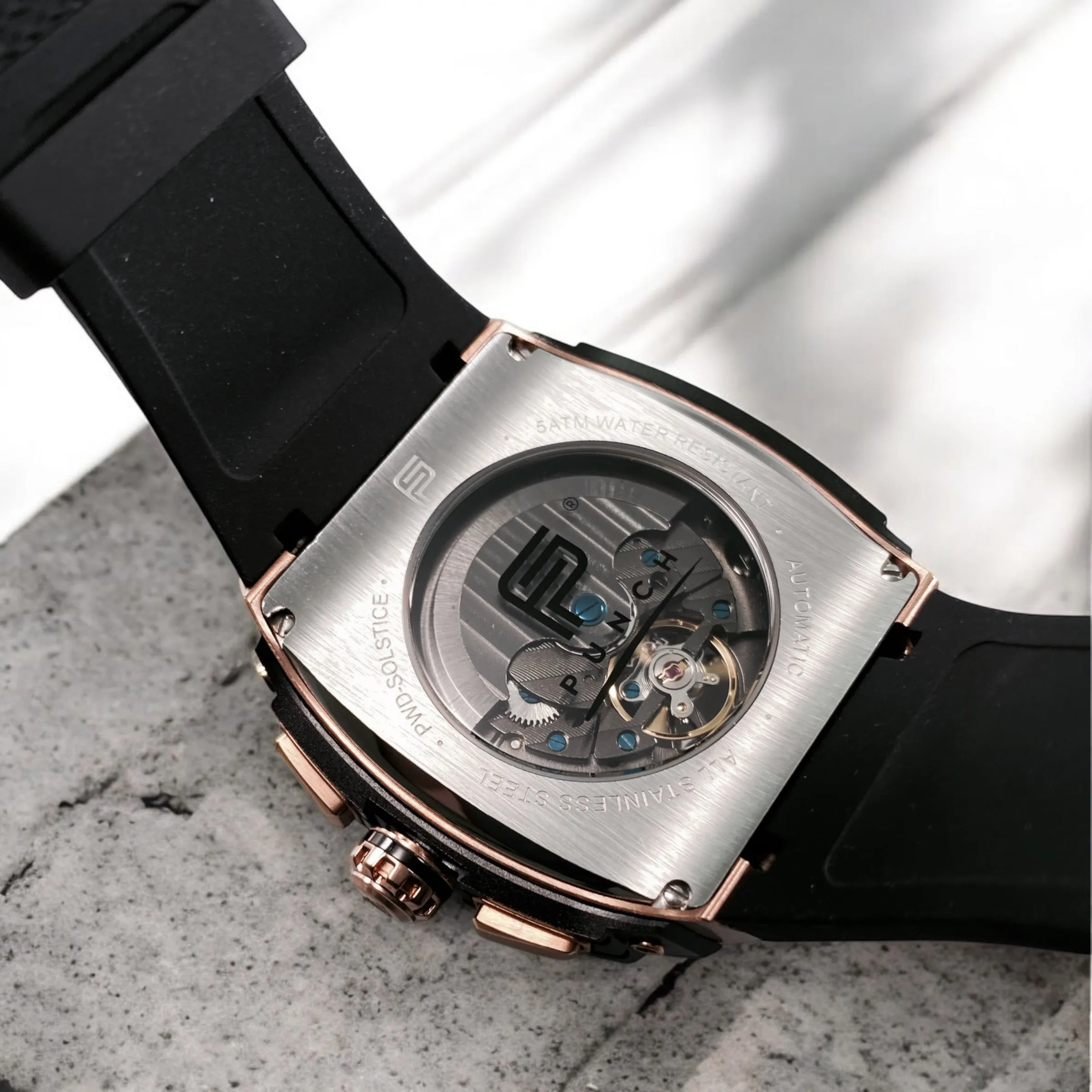PUNCH Rose Gold & Black Square Automatic Men's Watch - Black Silicone Strap