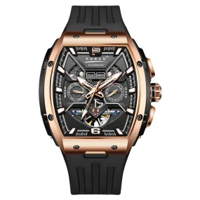 PUNCH Rose Gold & Black Square Automatic Men's Watch - Black Silicone Strap