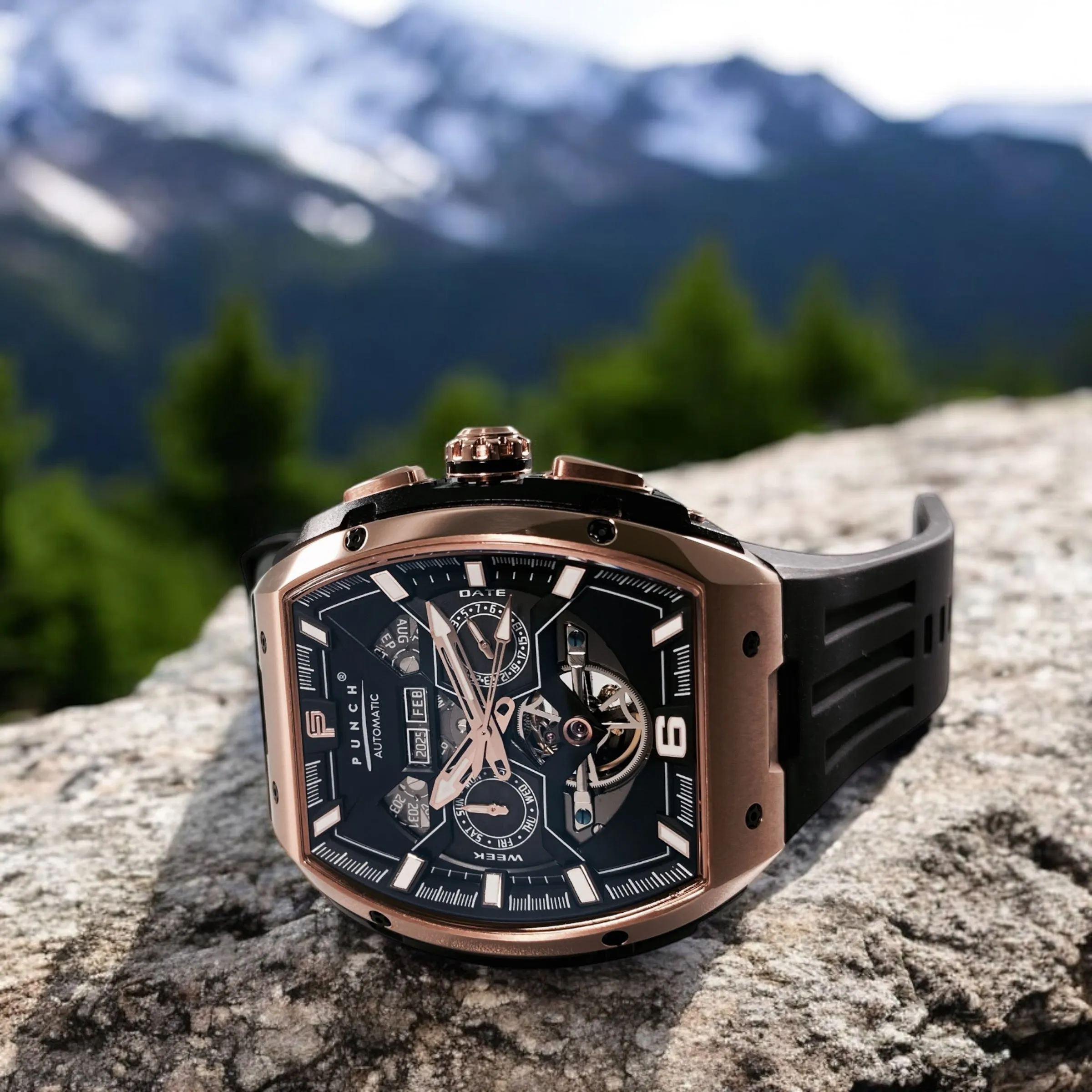 PUNCH Rose Gold & Black Square Automatic Men's Watch - Black Silicone Strap