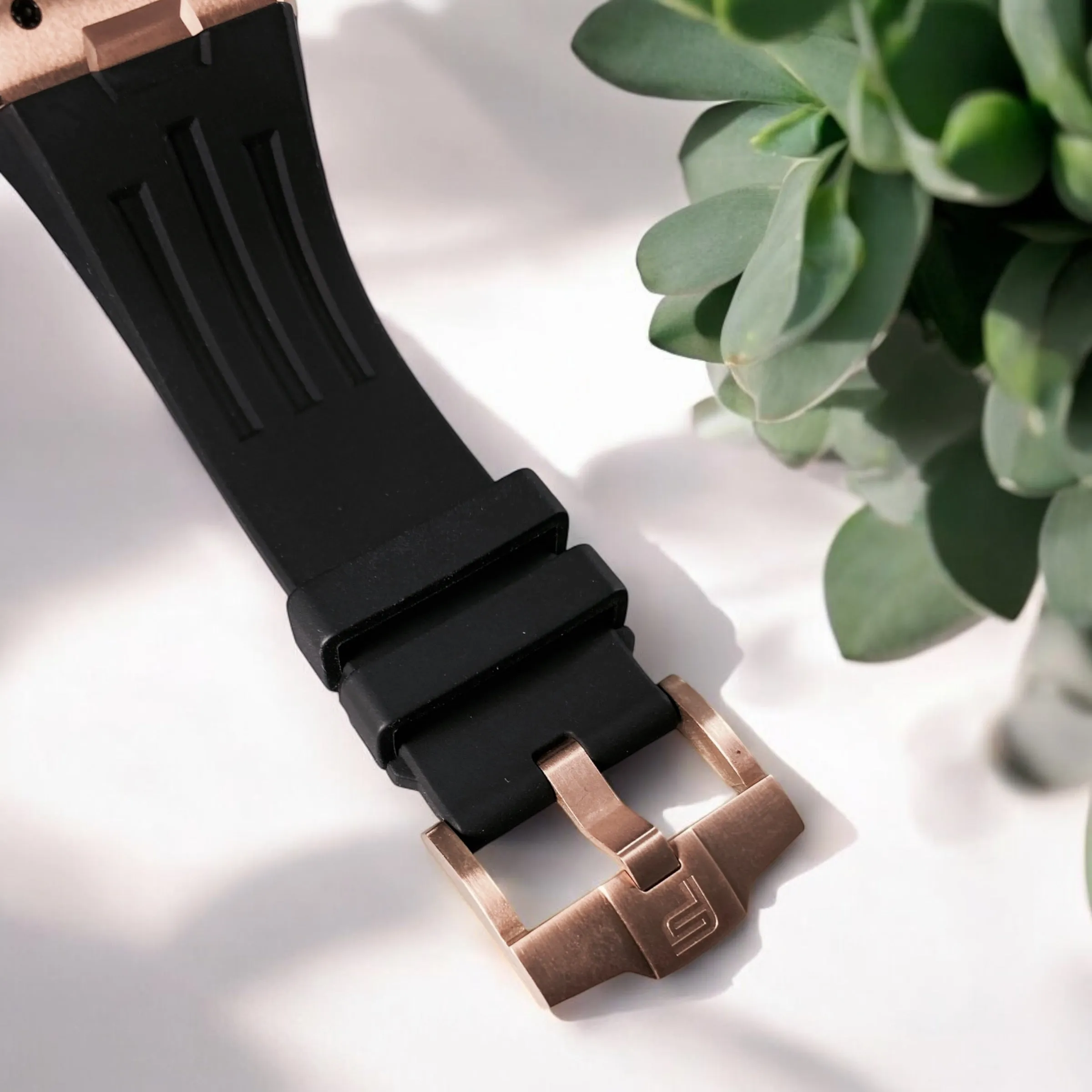 PUNCH Rose Gold & Black Square Automatic Men's Watch - Black Silicone Strap