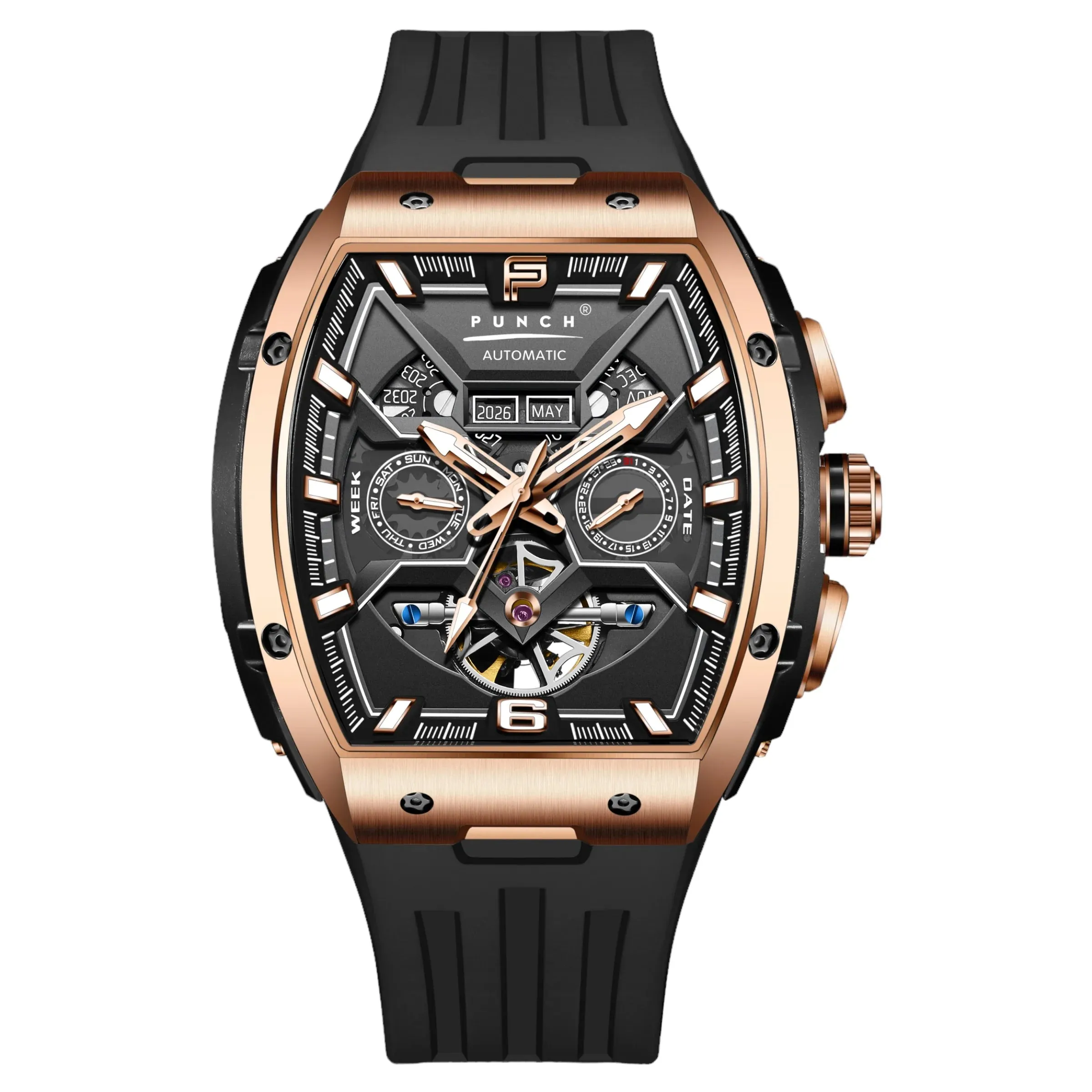 PUNCH Rose Gold & Black Square Automatic Men's Watch - Black Silicone Strap