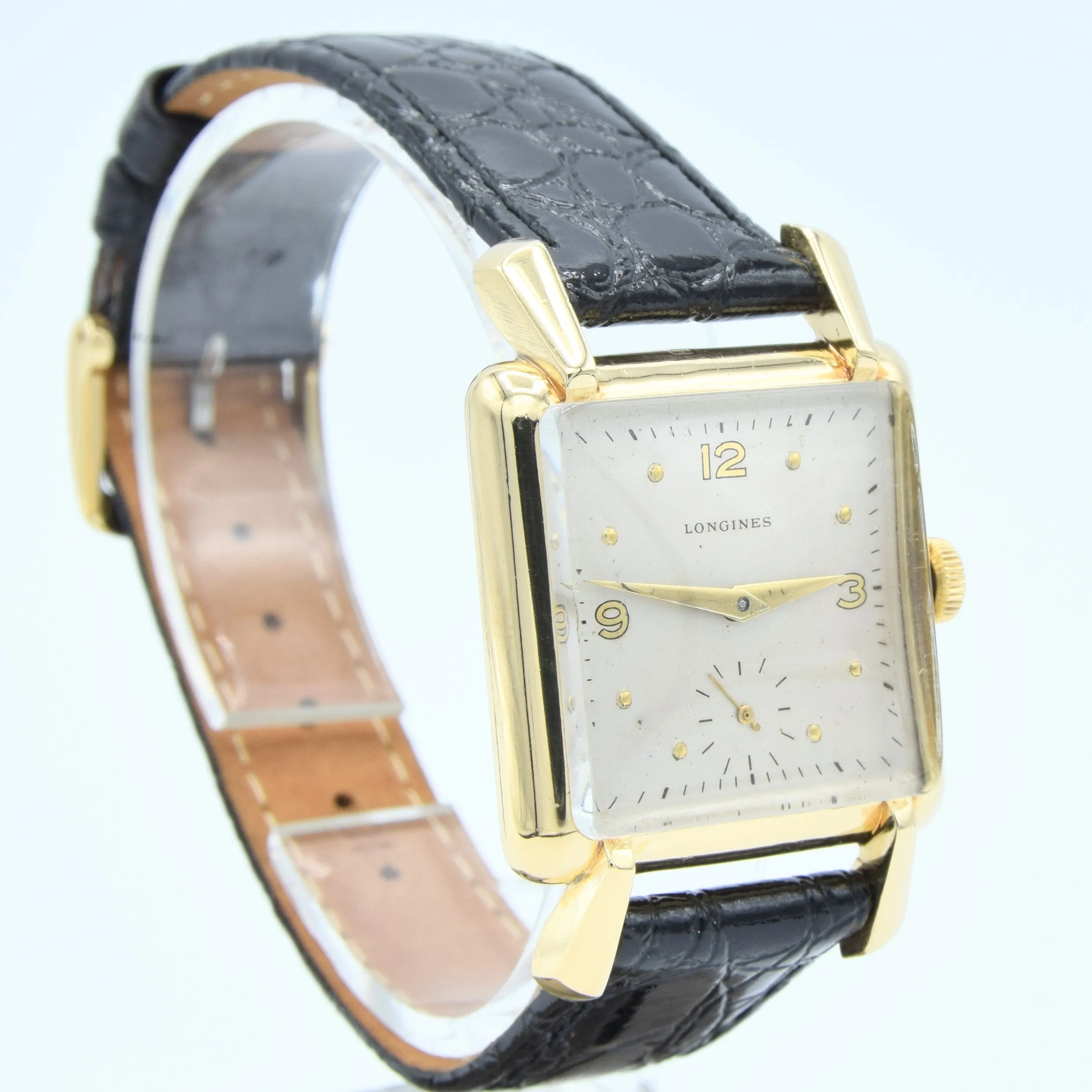 (RESERVED)1949 Longines Solid 18ct Gold Square Dress Watch with Scalloped Lugs and Mixed Dot and Arabic Numerals