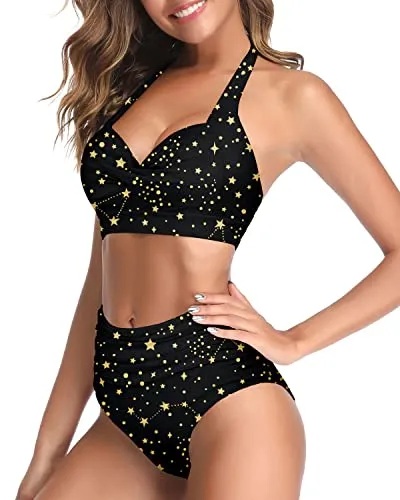 Retro Ruched High Waist Adjustable Clasp Hook Push Up Bikini-Gold Stars