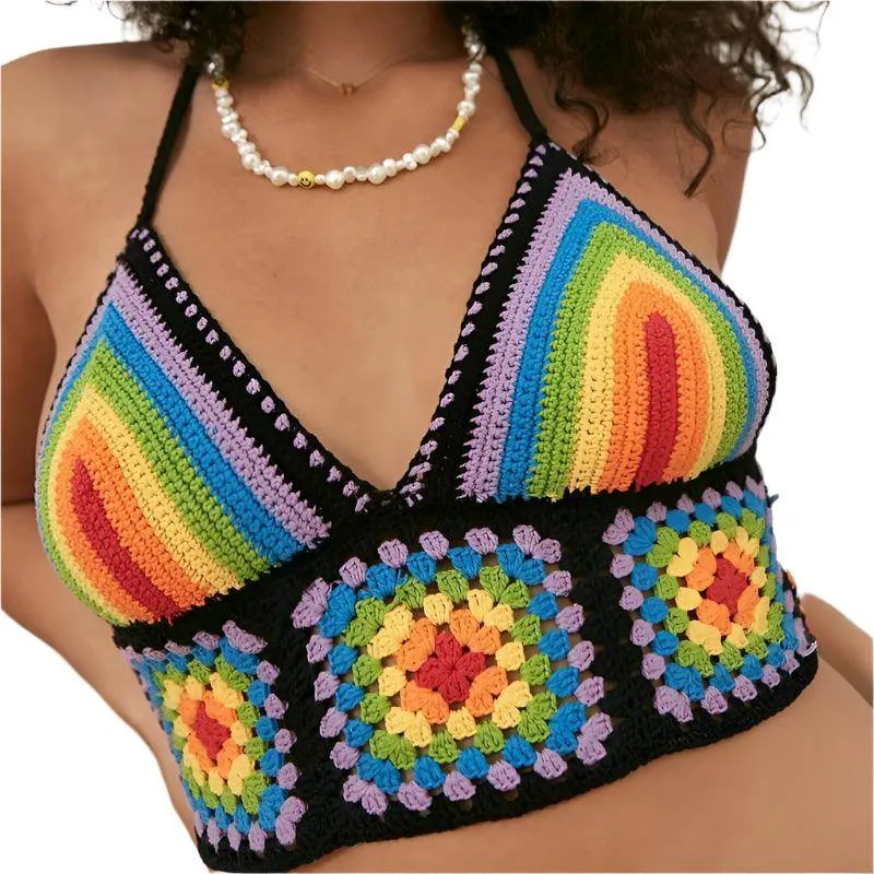 Retro Striped Knitted Halter Crop Tops Spaghetti Straps