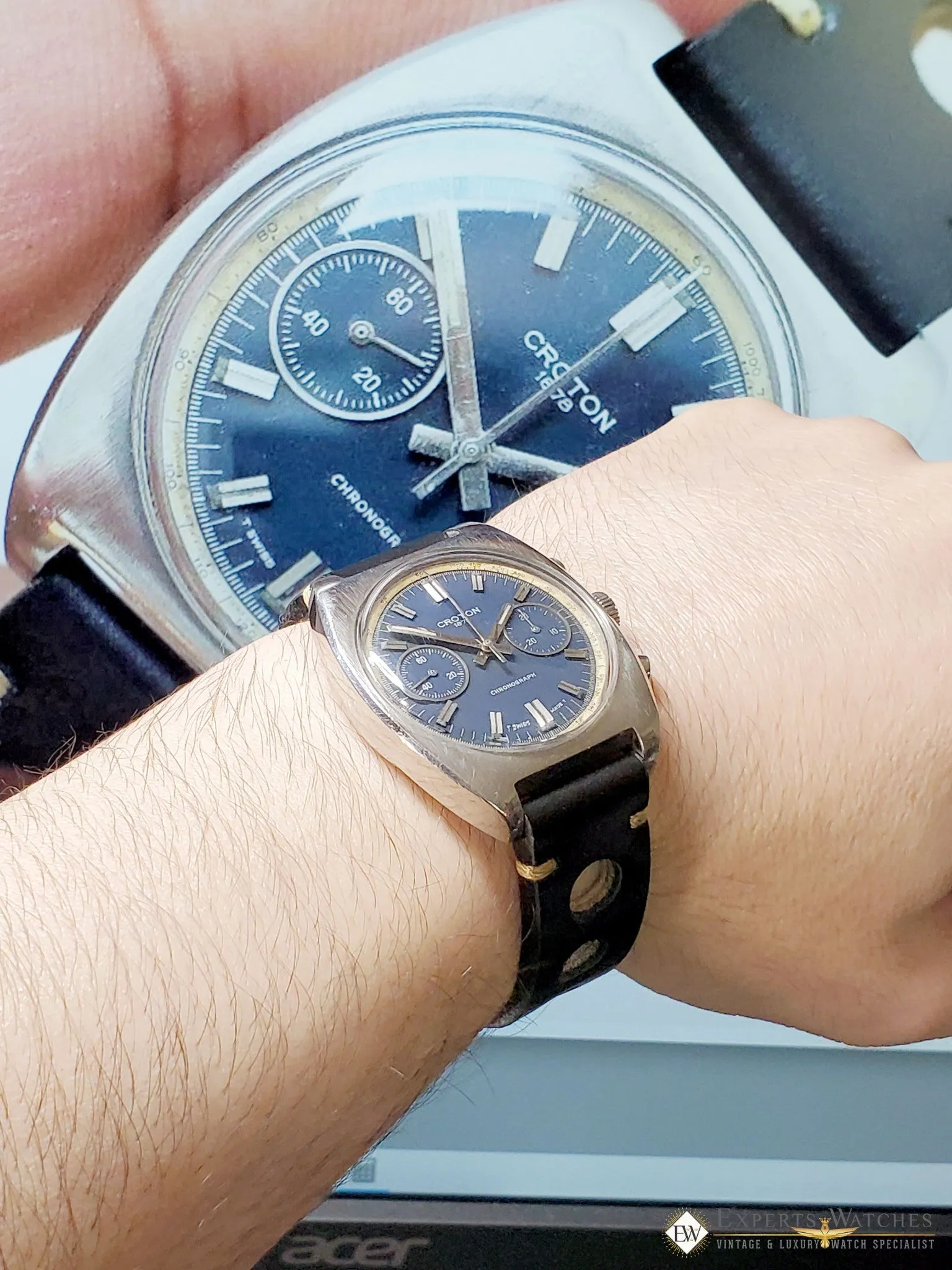 Serviced Vintage Croton 1878 chronograph Valjoux 7733 Panda Dial Heuer Box Watch