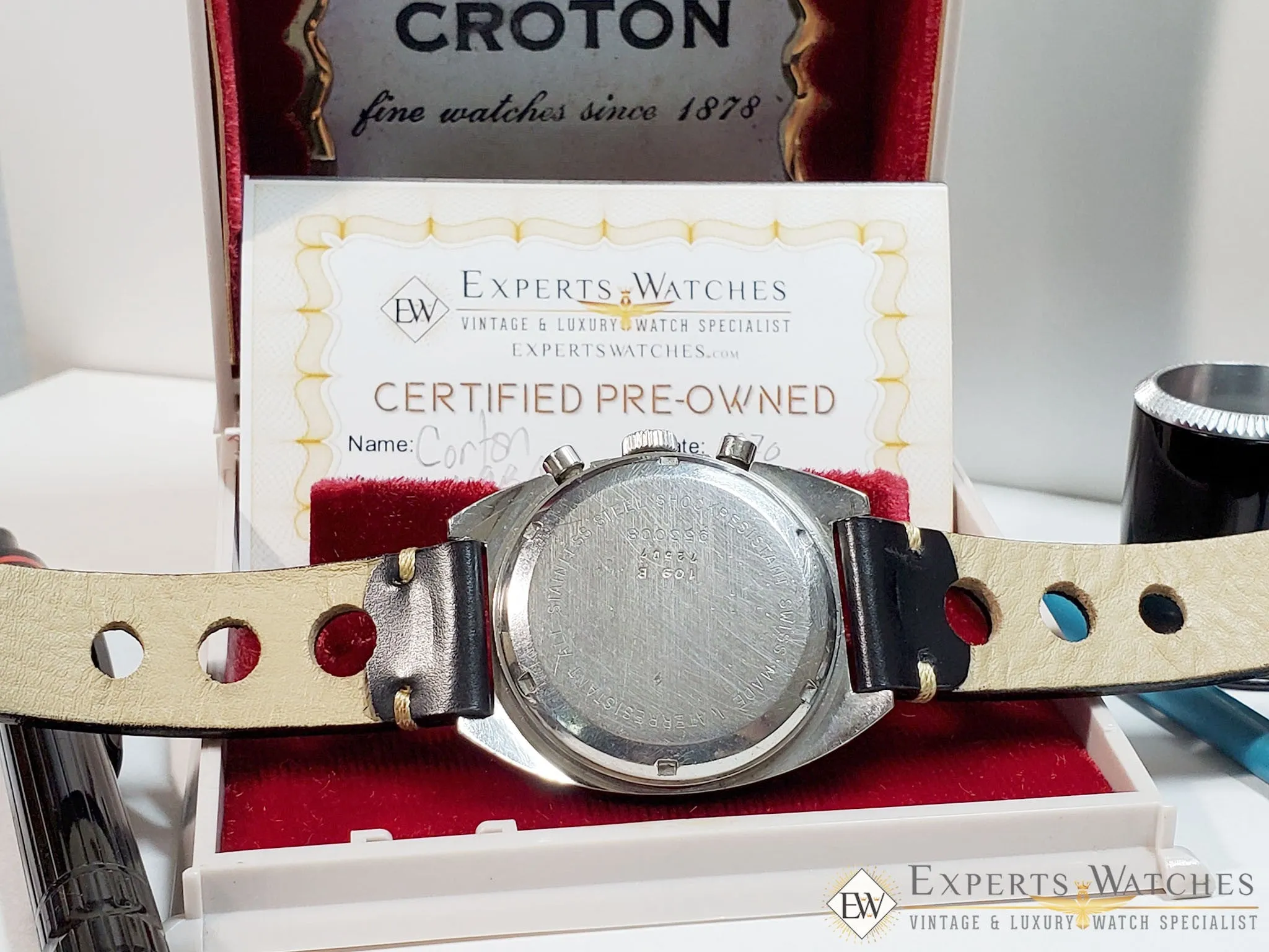 Serviced Vintage Croton 1878 chronograph Valjoux 7733 Panda Dial Heuer Box Watch