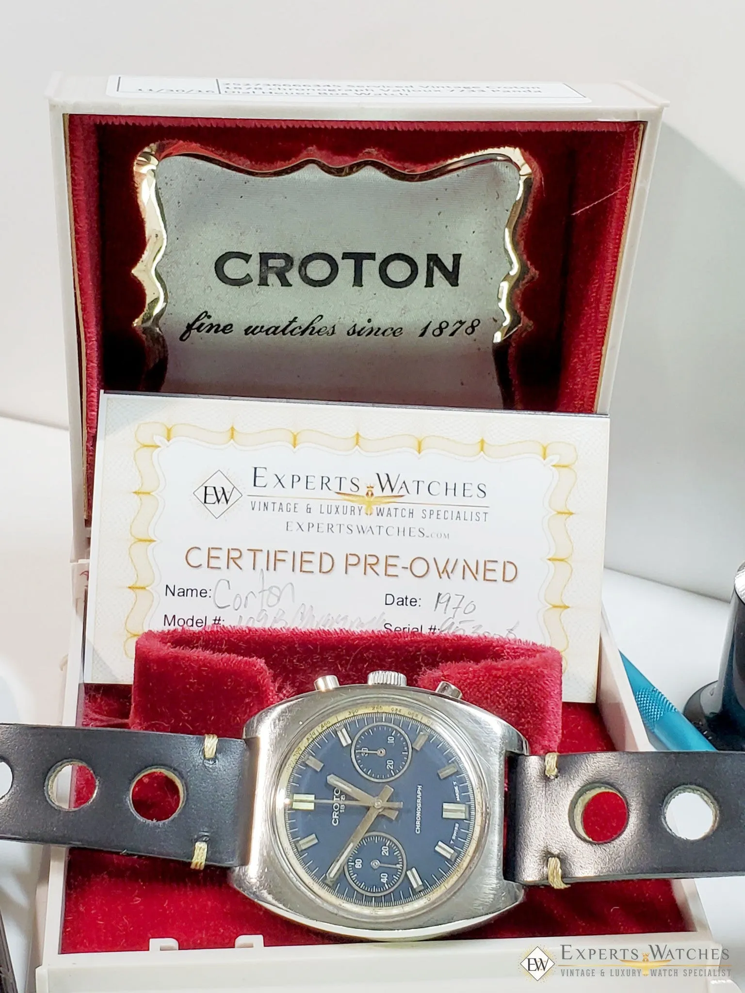 Serviced Vintage Croton 1878 chronograph Valjoux 7733 Panda Dial Heuer Box Watch