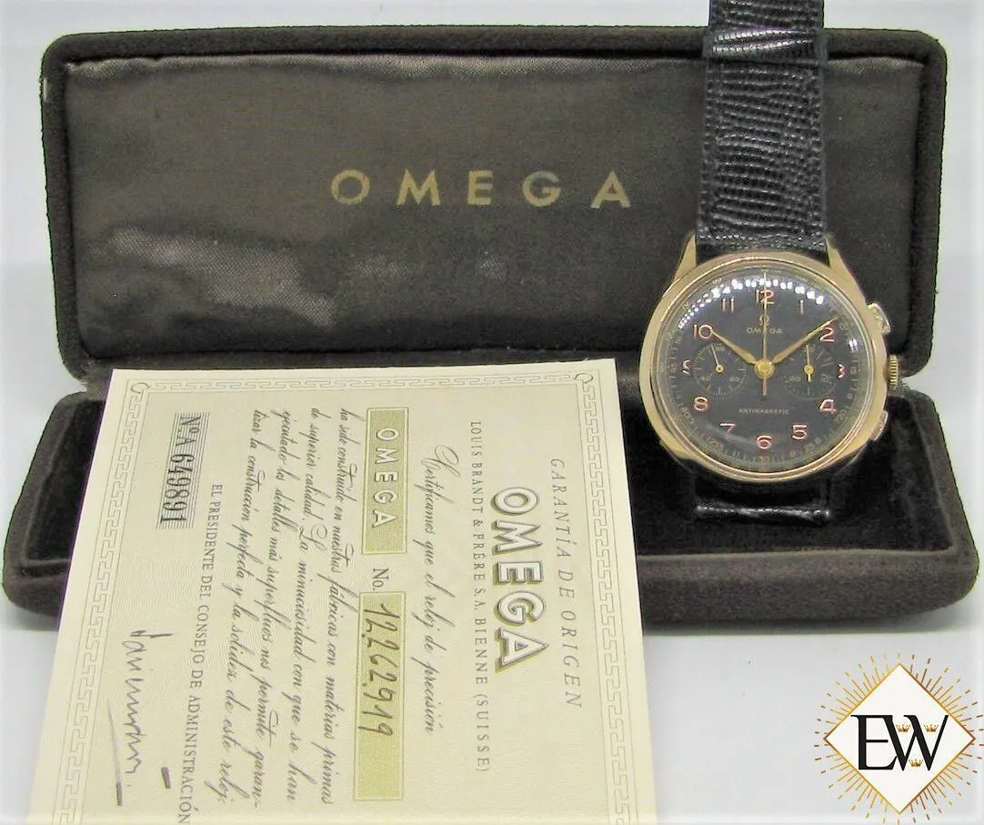 Serviced Vintage OMEGA 2872 OT 18K GOLD CHRONOGRAPH 320 Pre 321 Box & Paper 1952