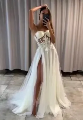 Sexy Spaghetti Straps Wedding Dresses Bridal Gown with Slit Side