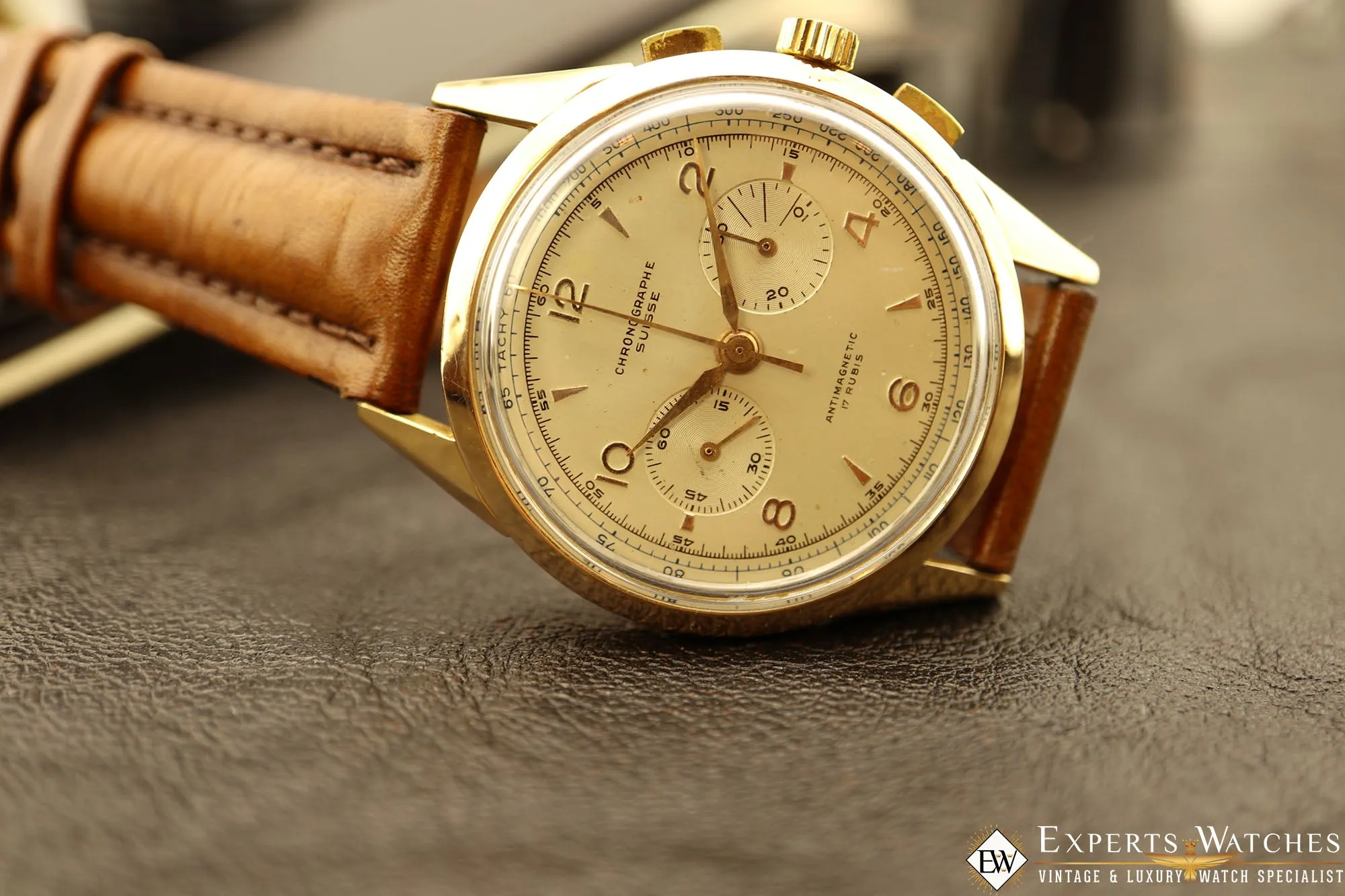 SOLD!!!  1950s Serviced Vintage Chronographe Suisse 18K Gold Lemania Cal 1270 (320 / 321)