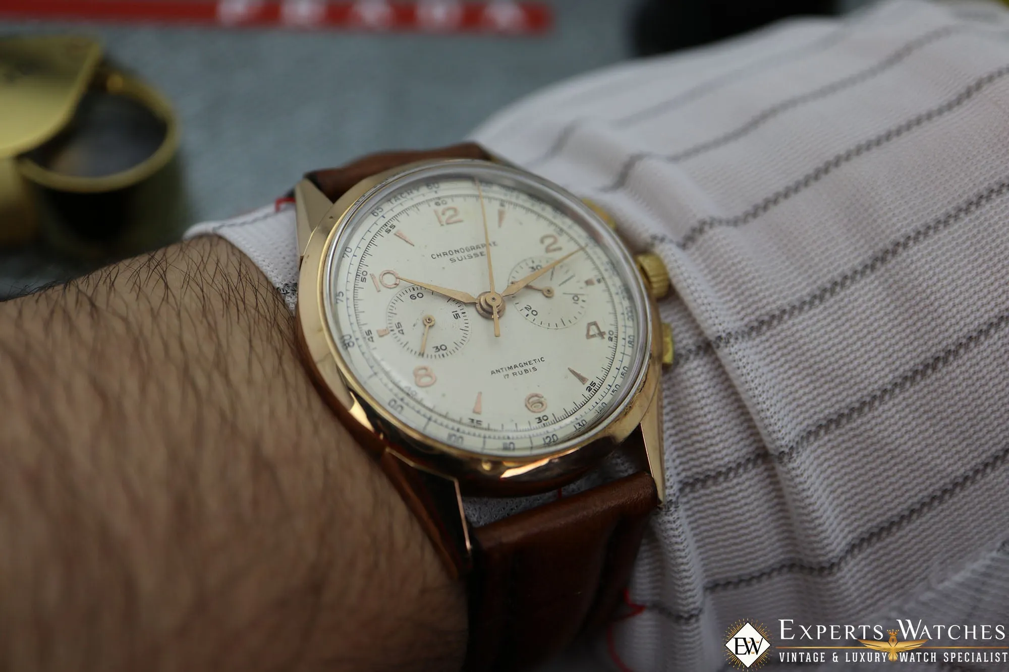 SOLD!!!  1950s Serviced Vintage Chronographe Suisse 18K Gold Lemania Cal 1270 (320 / 321)