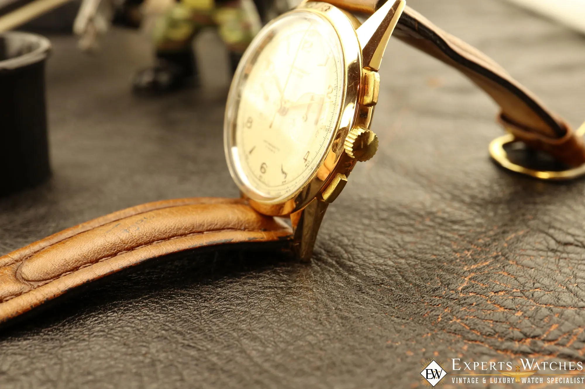 SOLD!!!  1950s Serviced Vintage Chronographe Suisse 18K Gold Lemania Cal 1270 (320 / 321)