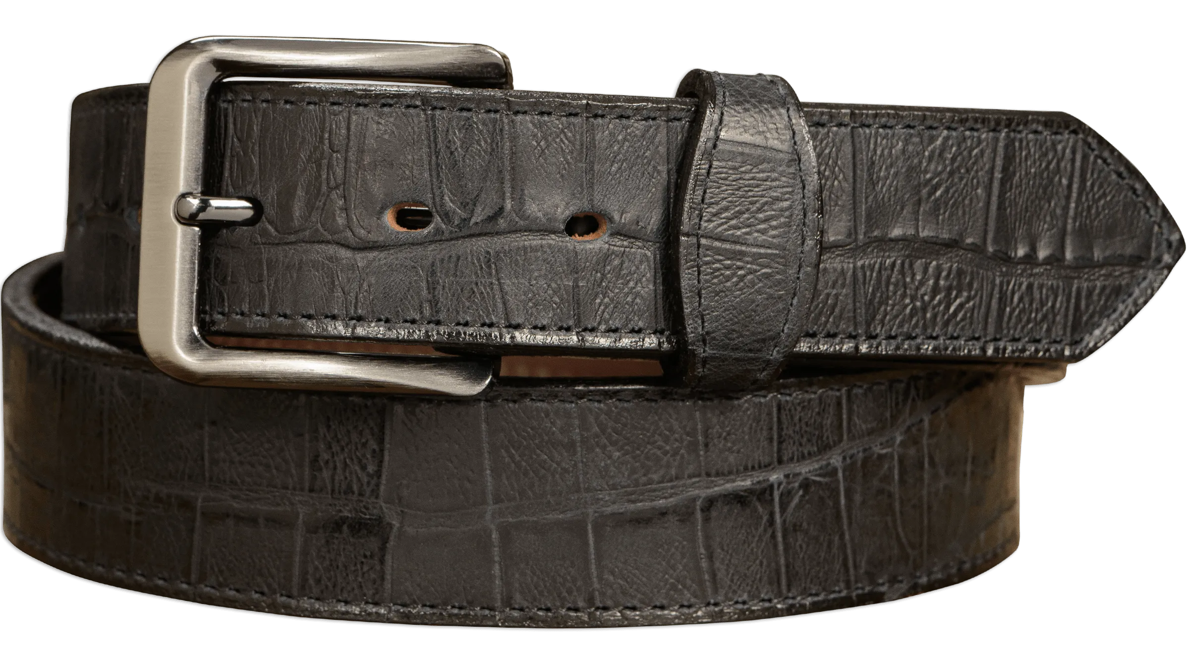 The Chomper: Mens Black Alligator-Stitched Leather Belt - 1.50"