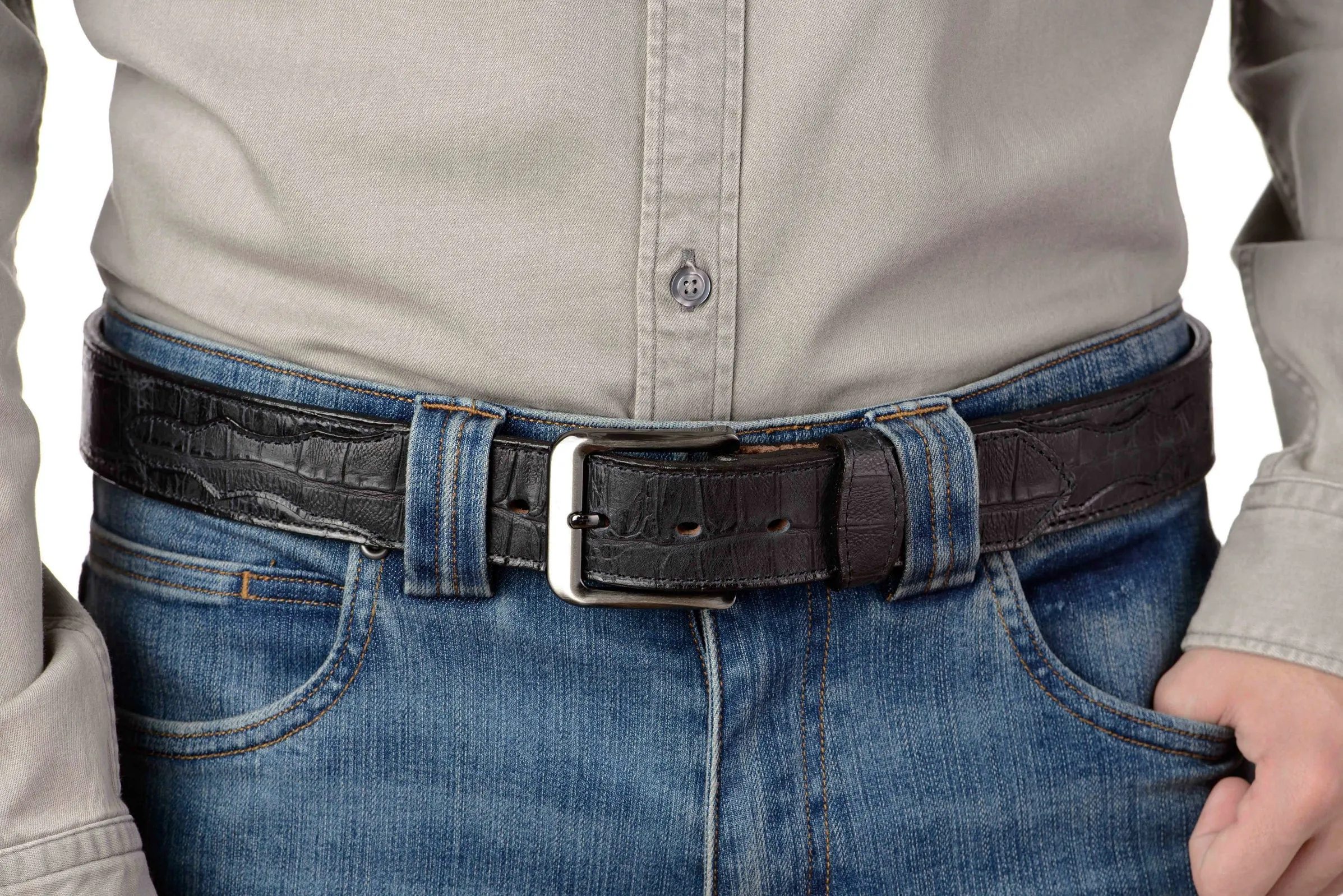The Chomper: Mens Black Alligator-Stitched Leather Belt - 1.50"