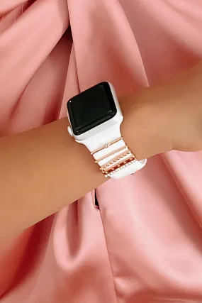 Time To Spare Silicone Apple Watch Band With Stackable Metal Accents (White/Rose Gold)