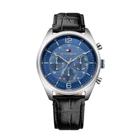 Tommy Hilfiger Black Leather Strap Blue Face Watch 1791182