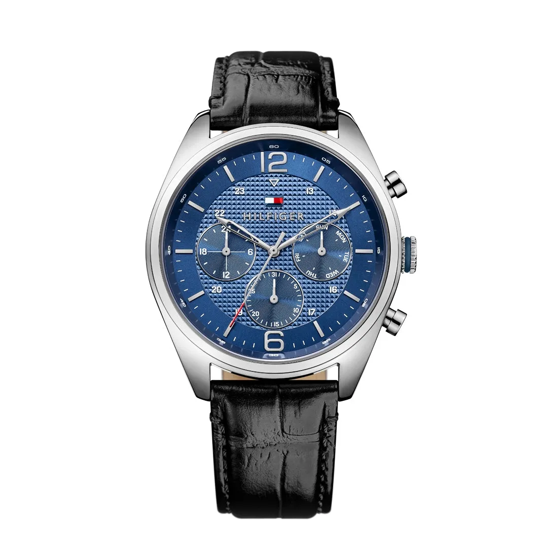 Tommy Hilfiger Black Leather Strap Blue Face Watch 1791182