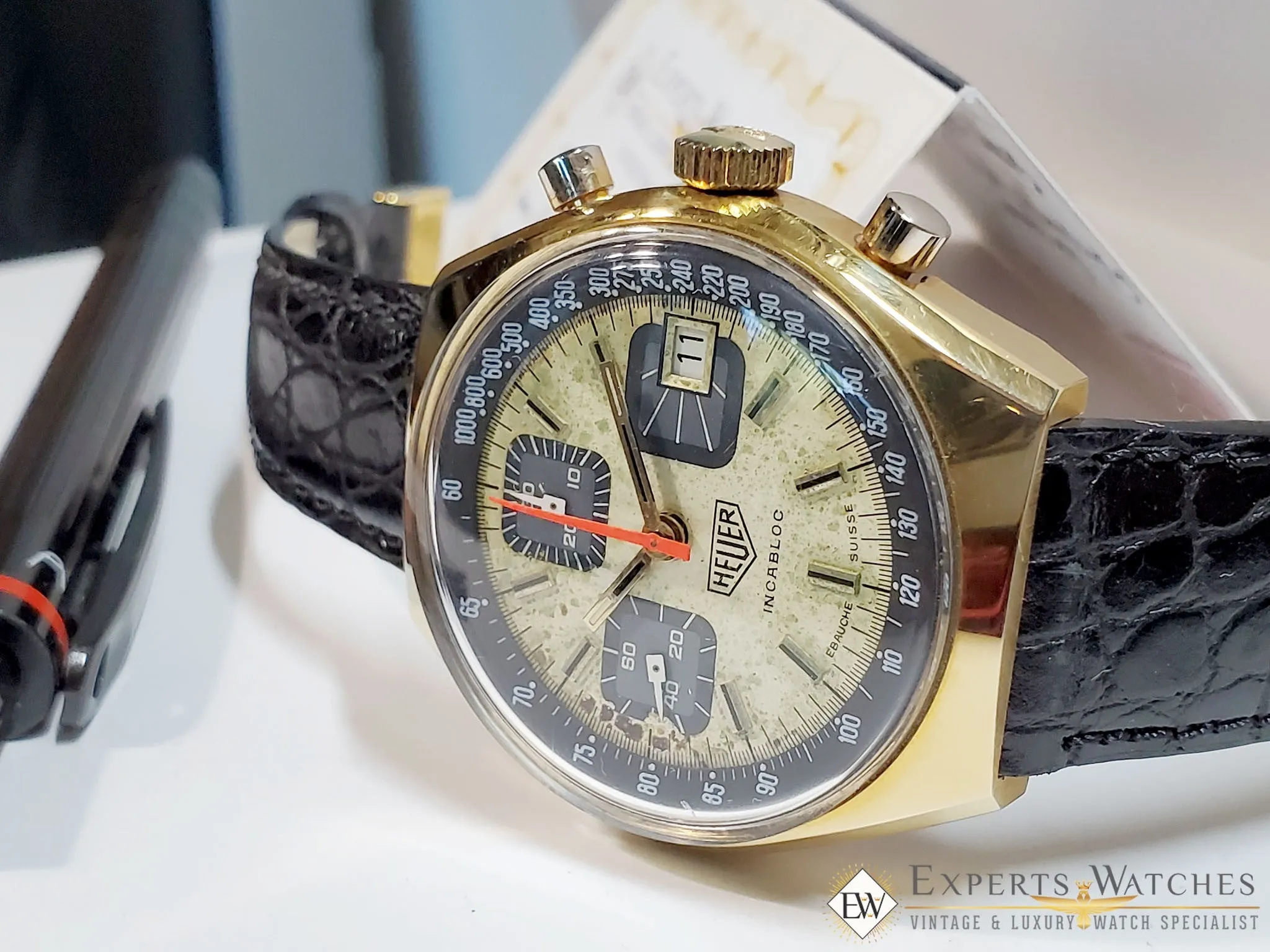 Vintage 1970s Heuer Chronograph Watch Valujoux 7765 1589 1611 1614 13-1 Box