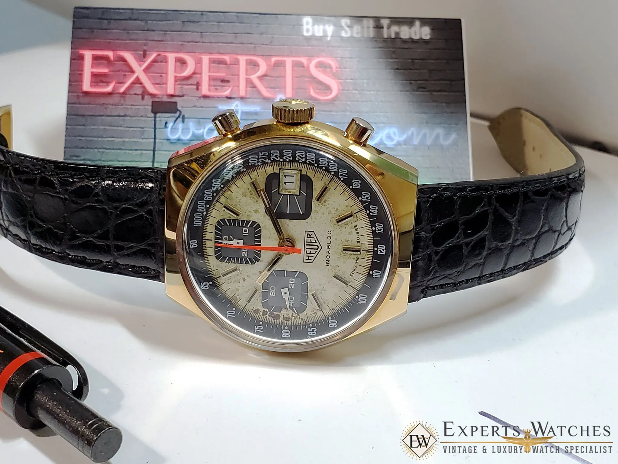 Vintage 1970s Heuer Chronograph Watch Valujoux 7765 1589 1611 1614 13-1 Box