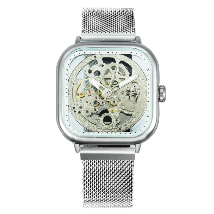 WINNER Automatic Watch Men Skeleton Mechanical Carved Square Dial Magnet Mesh Strap
